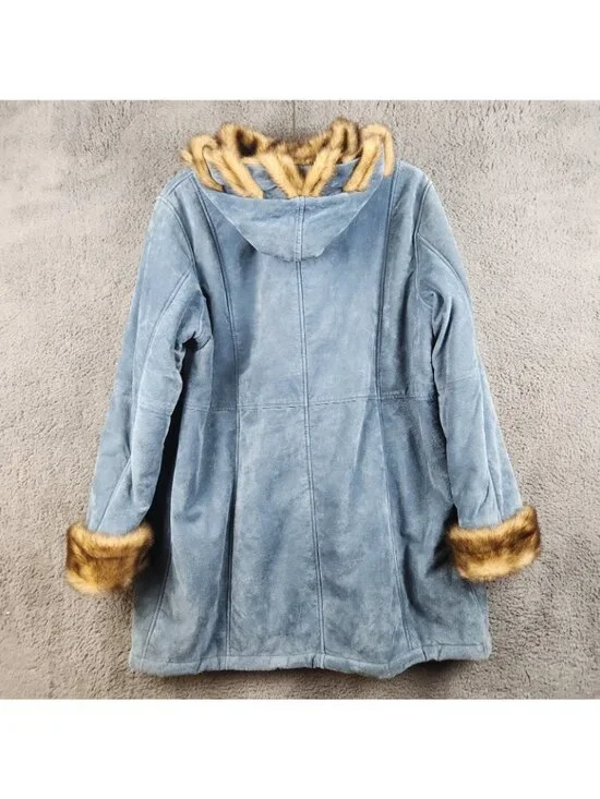 VTG 90's Boho Western Blue Suede Leather Faux Fur Lined Size Large Hooded Luxe - Picture 2 of 10